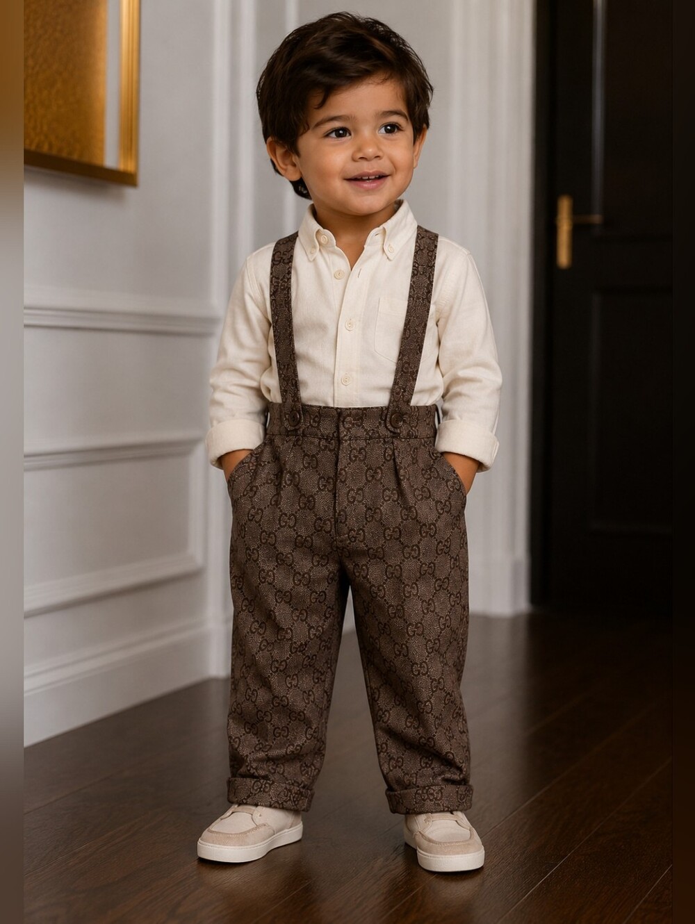 Gucci Brown GG Monogram Wool Suspender Trousers